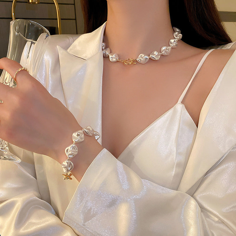 Modern Baroque Pearl Necklace & Bracelet Set - Complete Set