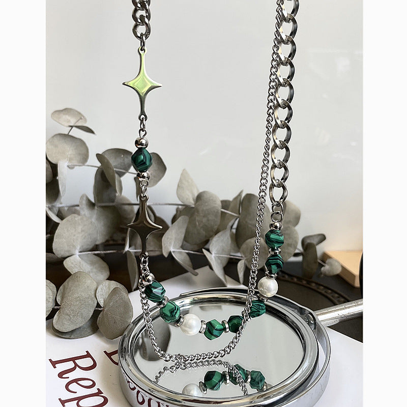 Asymmetric green stone and steel necklace, worn styling view
