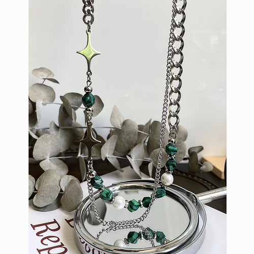Asymmetric green stone and steel necklace, worn styling view