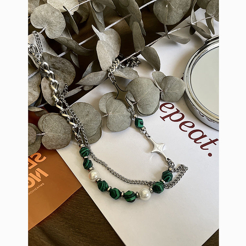 Asymmetric green stone and steel necklace, alternate product view