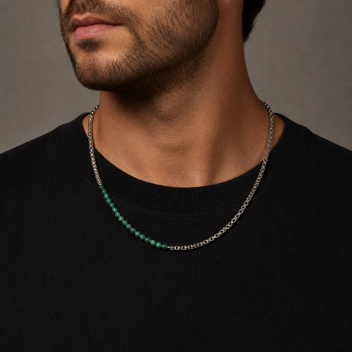 Asymmetric green stone and steel necklace, front product view