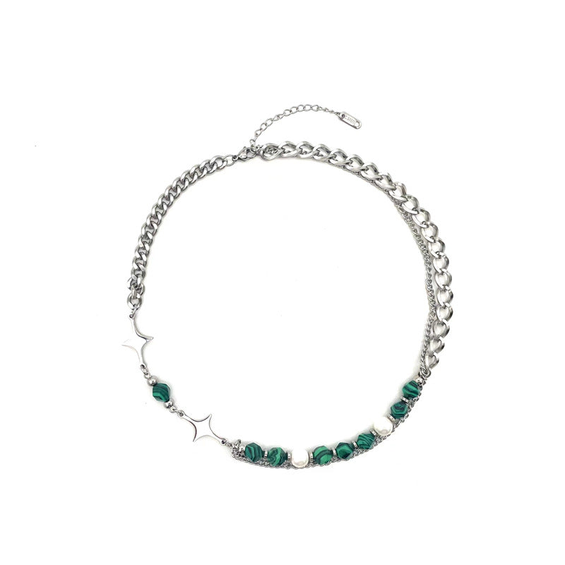 Asymmetric green stone and steel necklace, chain and star detail
